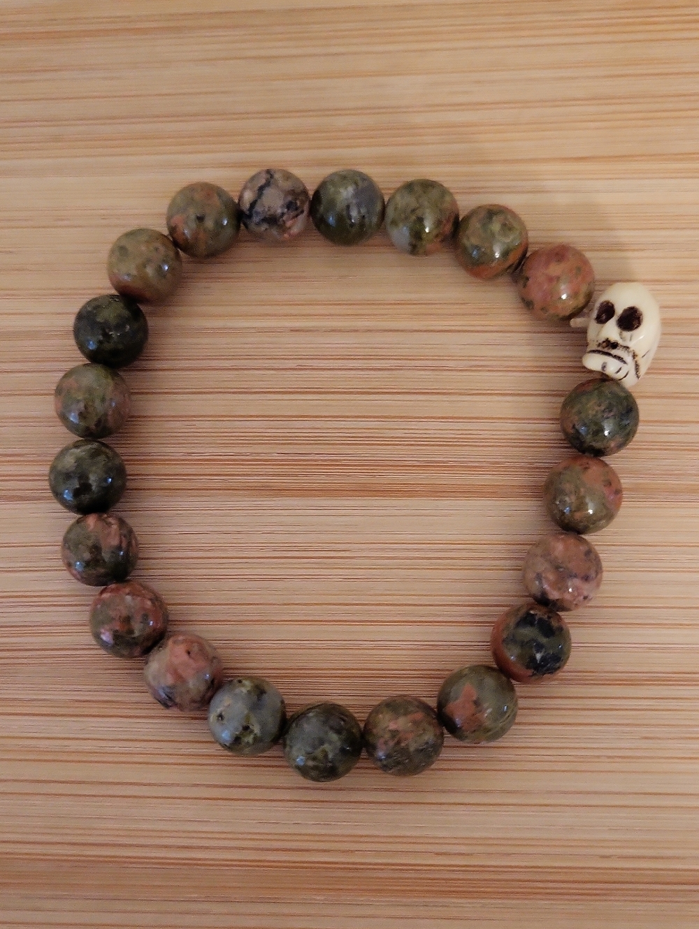Genuine Unikite Jasper Skull Stretch Bracelet